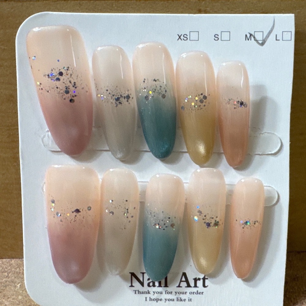 Press On Nails Size Medium Multi Color‎ Gradient Glitter Almond Shape